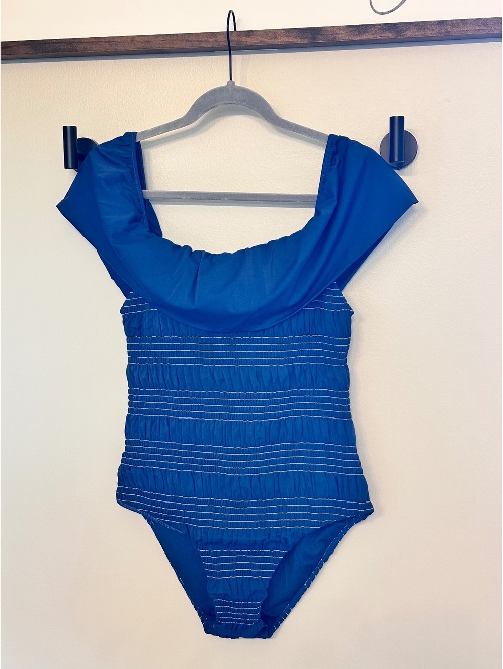 Navy Smocked Off the Shoulder One Piece Swimsuit Sz L